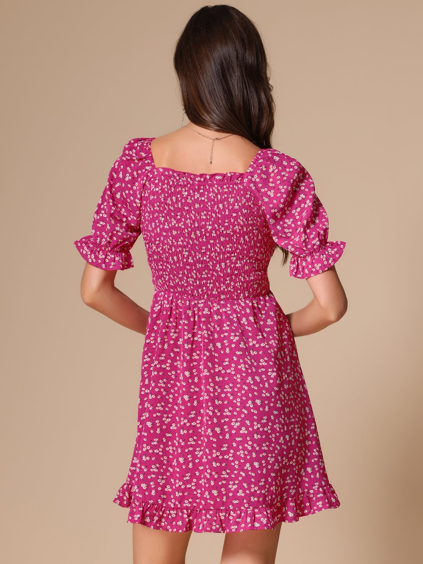 Allegra K Puff Sleeve Square Neck Ruffled Hem Floral Smocked Dress