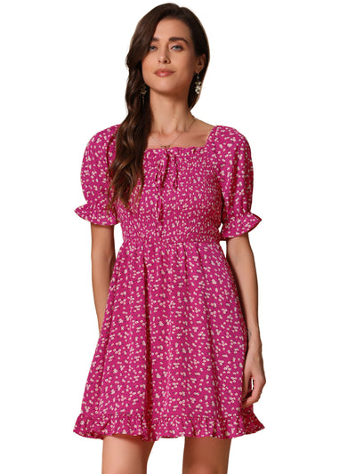 Puff Sleeve Square Neck Ruffled Hem Floral Smocked Dress