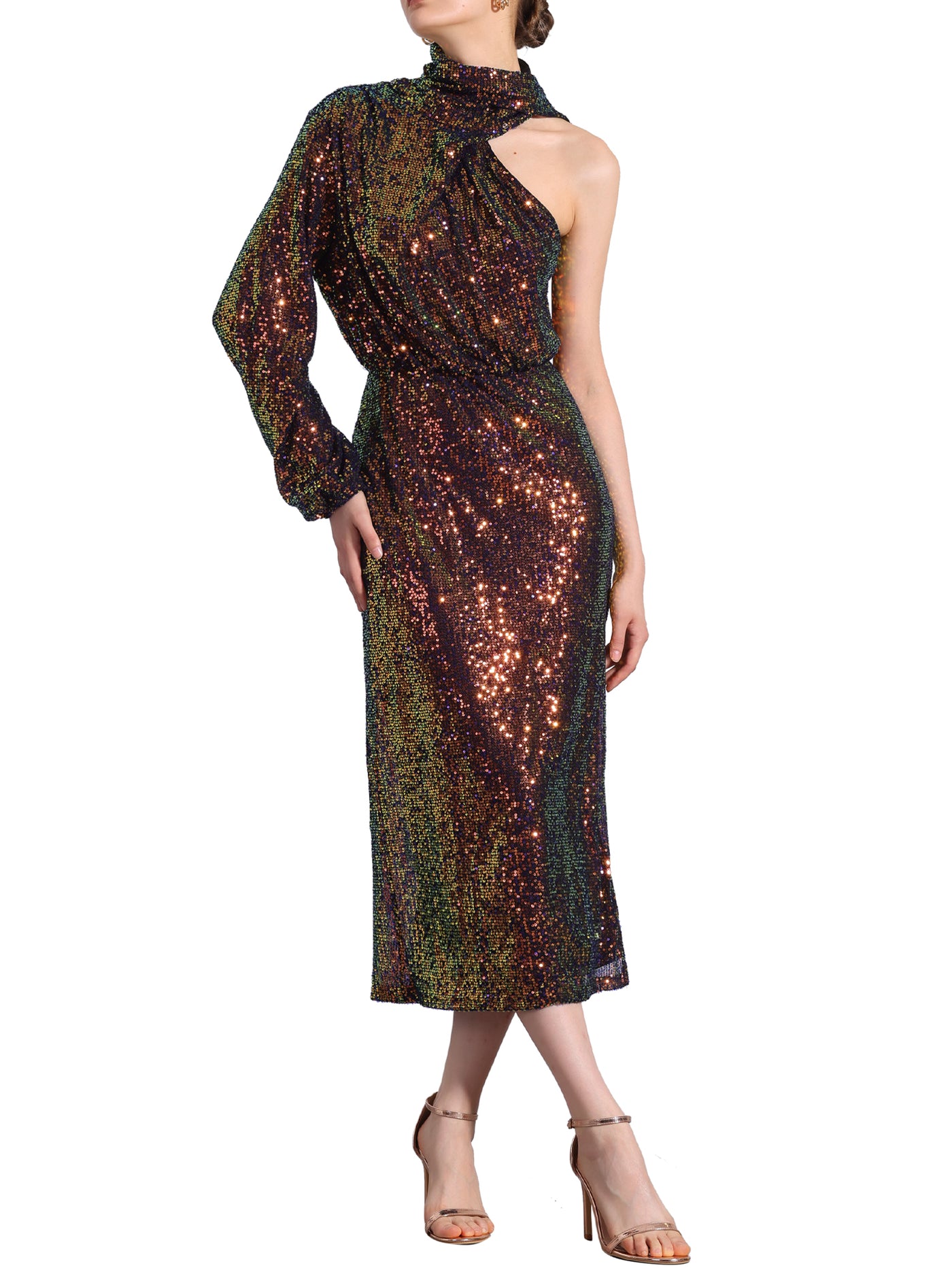 Allegra K Sequin One Shoulder Long Sleeve Slit Sheath Midi Dress