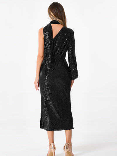 Sequin One Shoulder Long Sleeve Slit Sheath Midi Dress