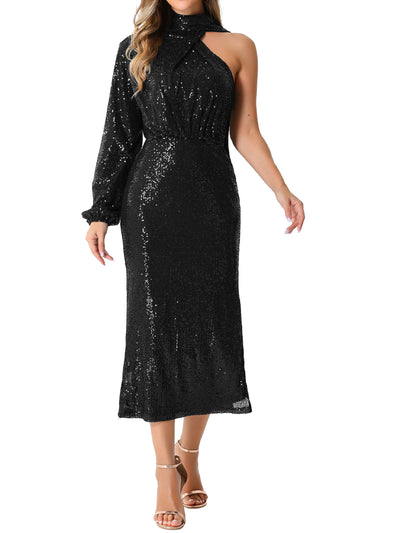 Sequin One Shoulder Long Sleeve Slit Sheath Midi Dress