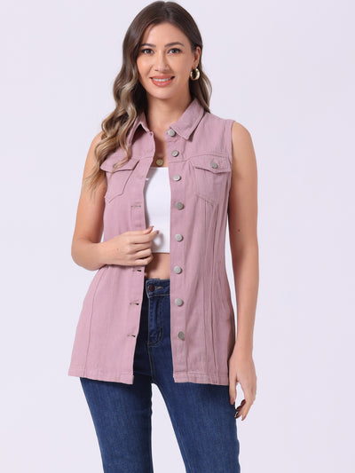 Casual Button Down Waistcoat Sleeveless Mid Long Denim Vest