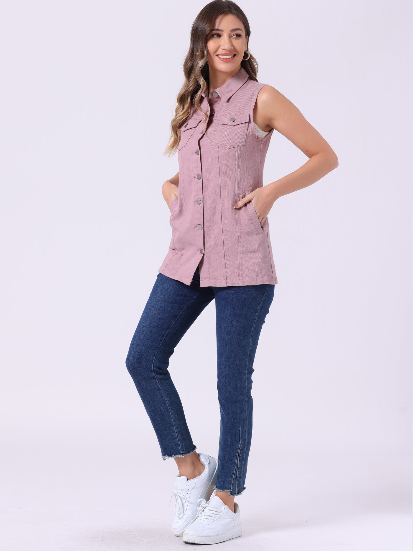 Allegra K Casual Button Down Waistcoat Sleeveless Mid Long Denim Vest