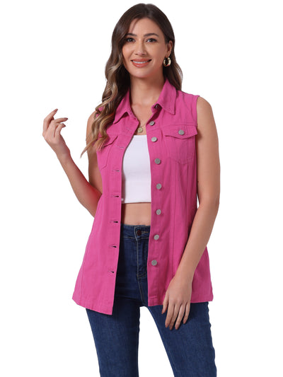 Casual Button Down Waistcoat Sleeveless Mid Long Denim Vest