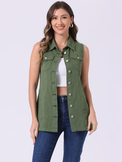 Casual Button Down Waistcoat Sleeveless Mid Long Denim Vest