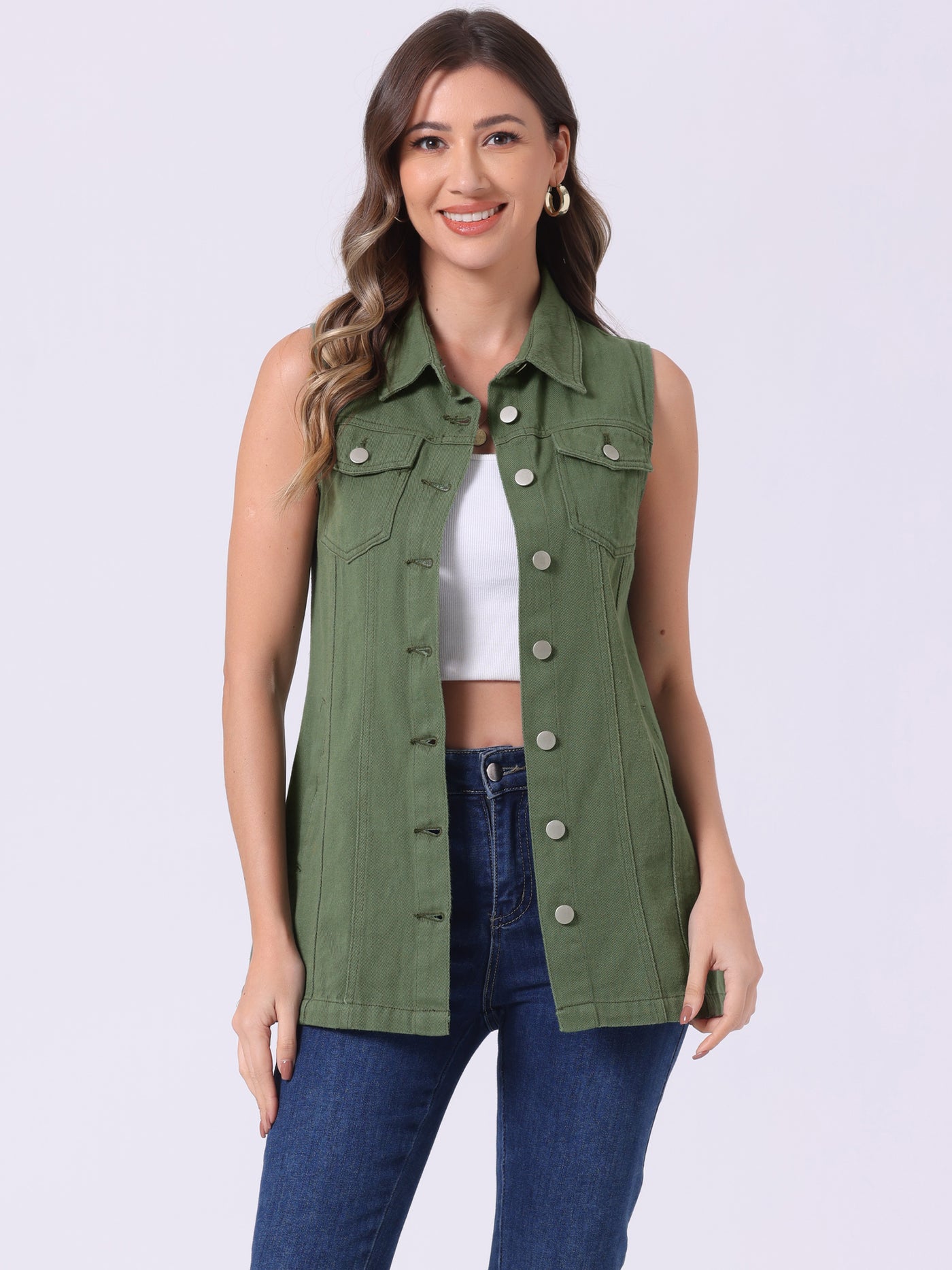 Allegra K Casual Button Down Waistcoat Sleeveless Mid Long Denim Vest