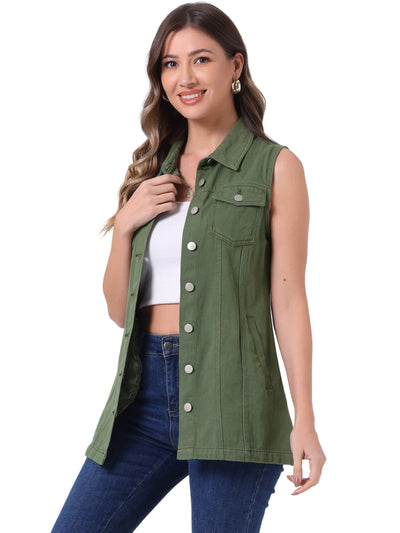 Casual Button Down Waistcoat Sleeveless Mid Long Denim Vest