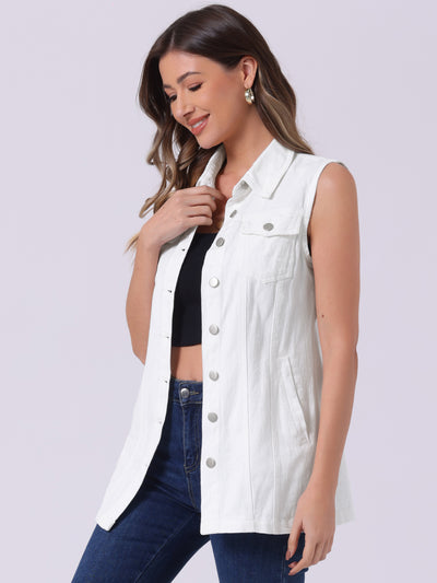 Casual Button Down Waistcoat Sleeveless Mid Long Denim Vest