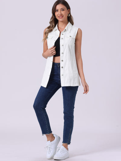 Casual Button Down Waistcoat Sleeveless Mid Long Denim Vest