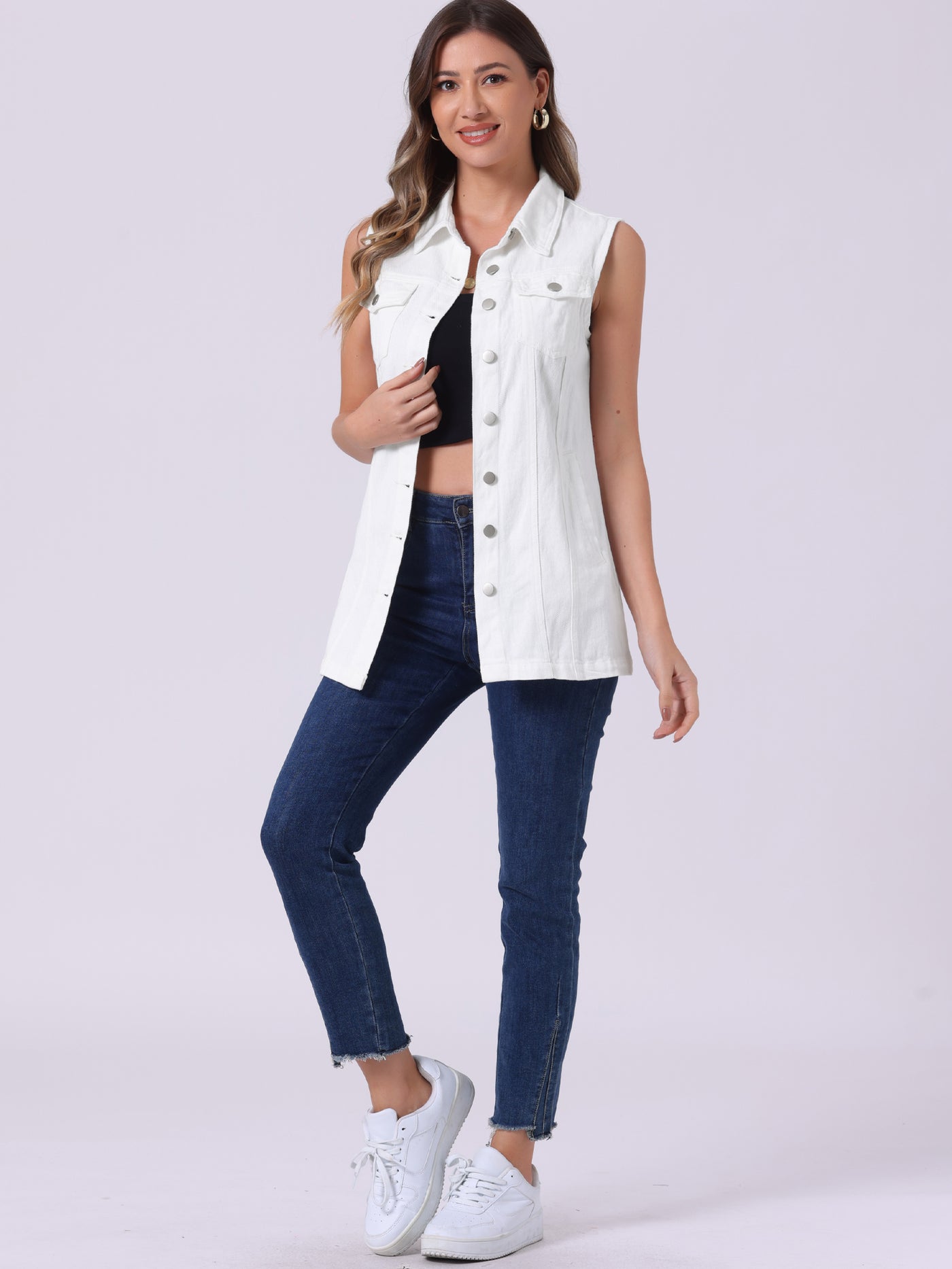 Allegra K Casual Button Down Waistcoat Sleeveless Mid Long Denim Vest