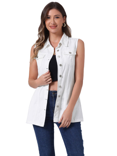 Casual Button Down Waistcoat Sleeveless Mid Long Denim Vest