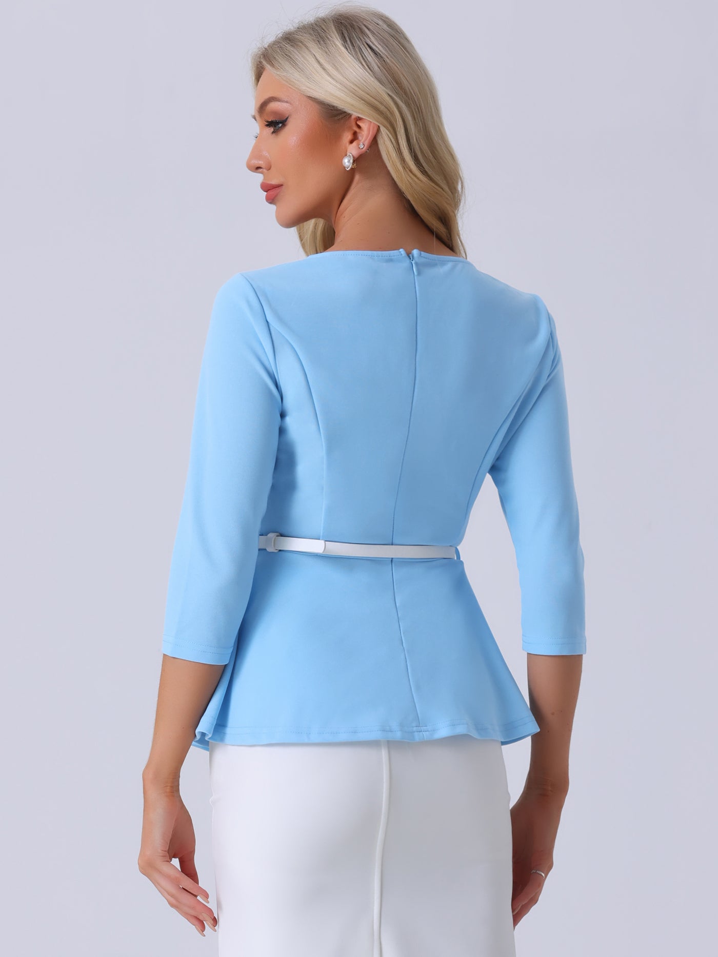 Allegra K 3/4 Sleeve Belted Peplum Elegant Business Work Blouse