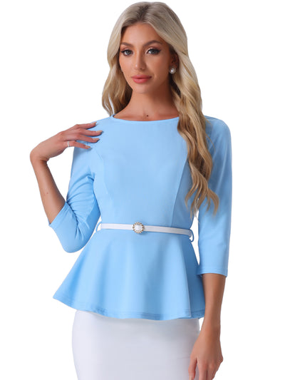 3/4 Sleeve Belted Peplum Elegant Business Work Blouse