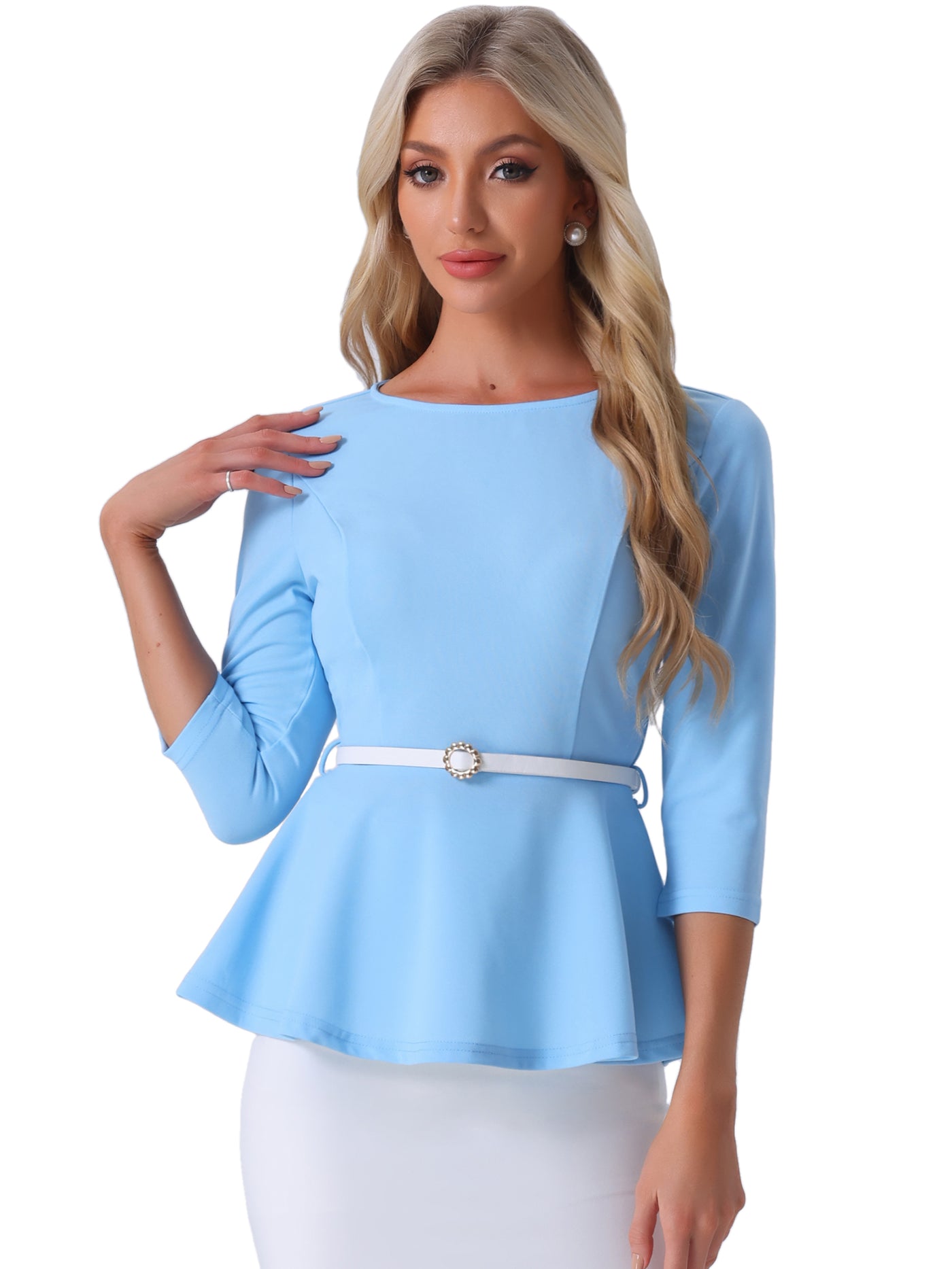 Allegra K 3/4 Sleeve Belted Peplum Elegant Business Work Blouse