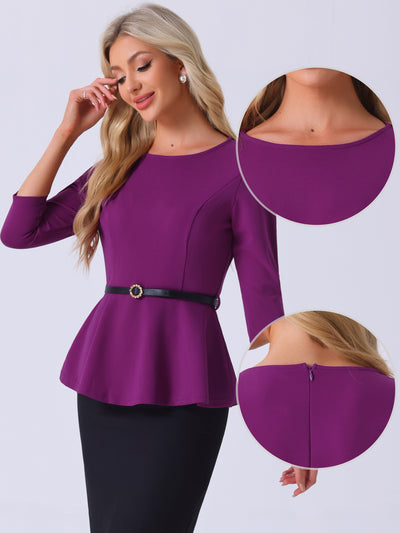 3/4 Sleeve Belted Peplum Elegant Business Work Blouse