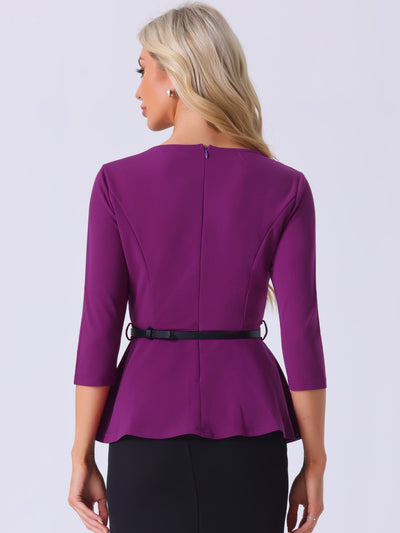 3/4 Sleeve Belted Peplum Elegant Business Work Blouse