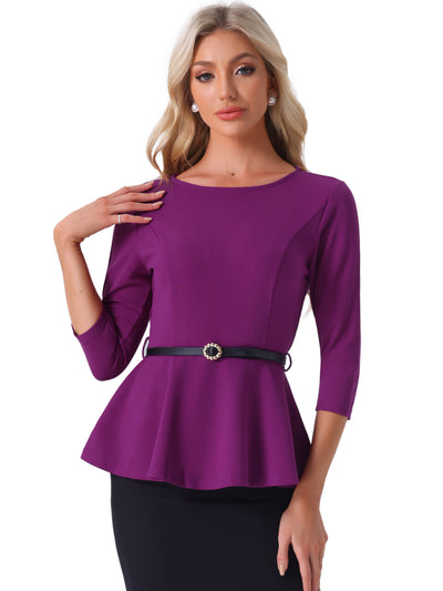 3/4 Sleeve Belted Peplum Elegant Business Work Blouse