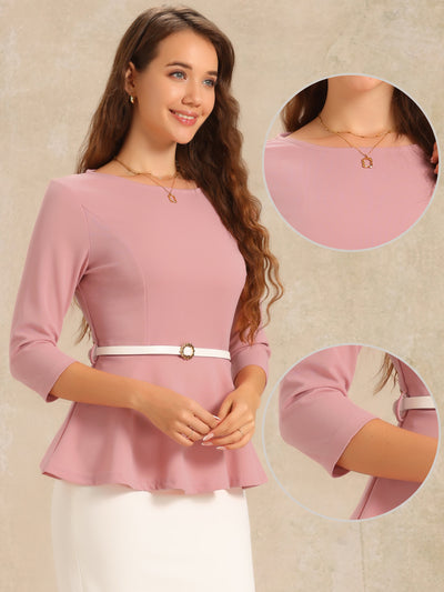 3/4 Sleeve Belted Peplum Elegant Business Work Blouse