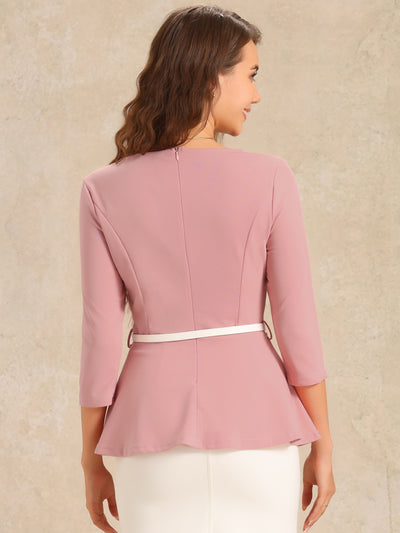 3/4 Sleeve Belted Peplum Elegant Business Work Blouse