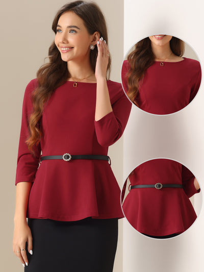 3/4 Sleeve Belted Peplum Elegant Business Work Blouse