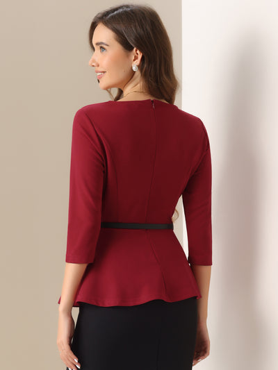 3/4 Sleeve Belted Peplum Elegant Business Work Blouse