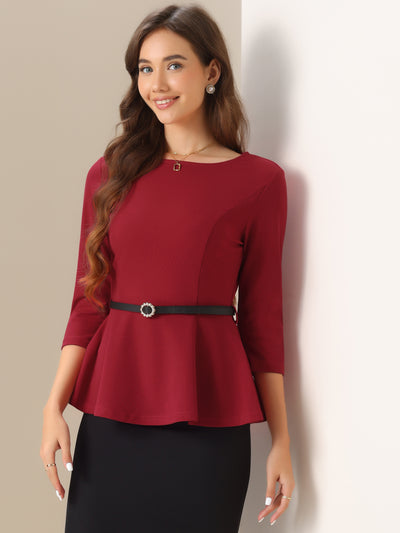 3/4 Sleeve Belted Peplum Elegant Business Work Blouse