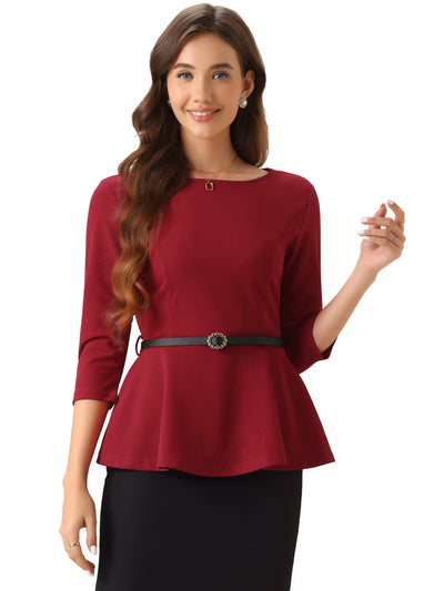 3/4 Sleeve Belted Peplum Elegant Business Work Blouse