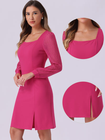 Elegant Mesh Sleeve Split Side A-Line Casual Square Neck Dress