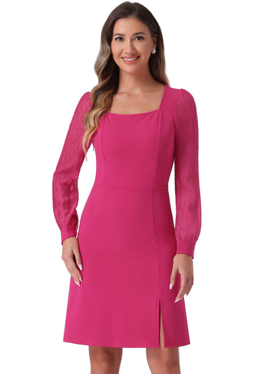 Elegant Mesh Sleeve Split Side A-Line Casual Square Neck Dress