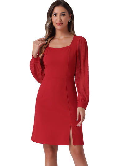 Elegant Mesh Sleeve Split Side A-Line Casual Square Neck Dress