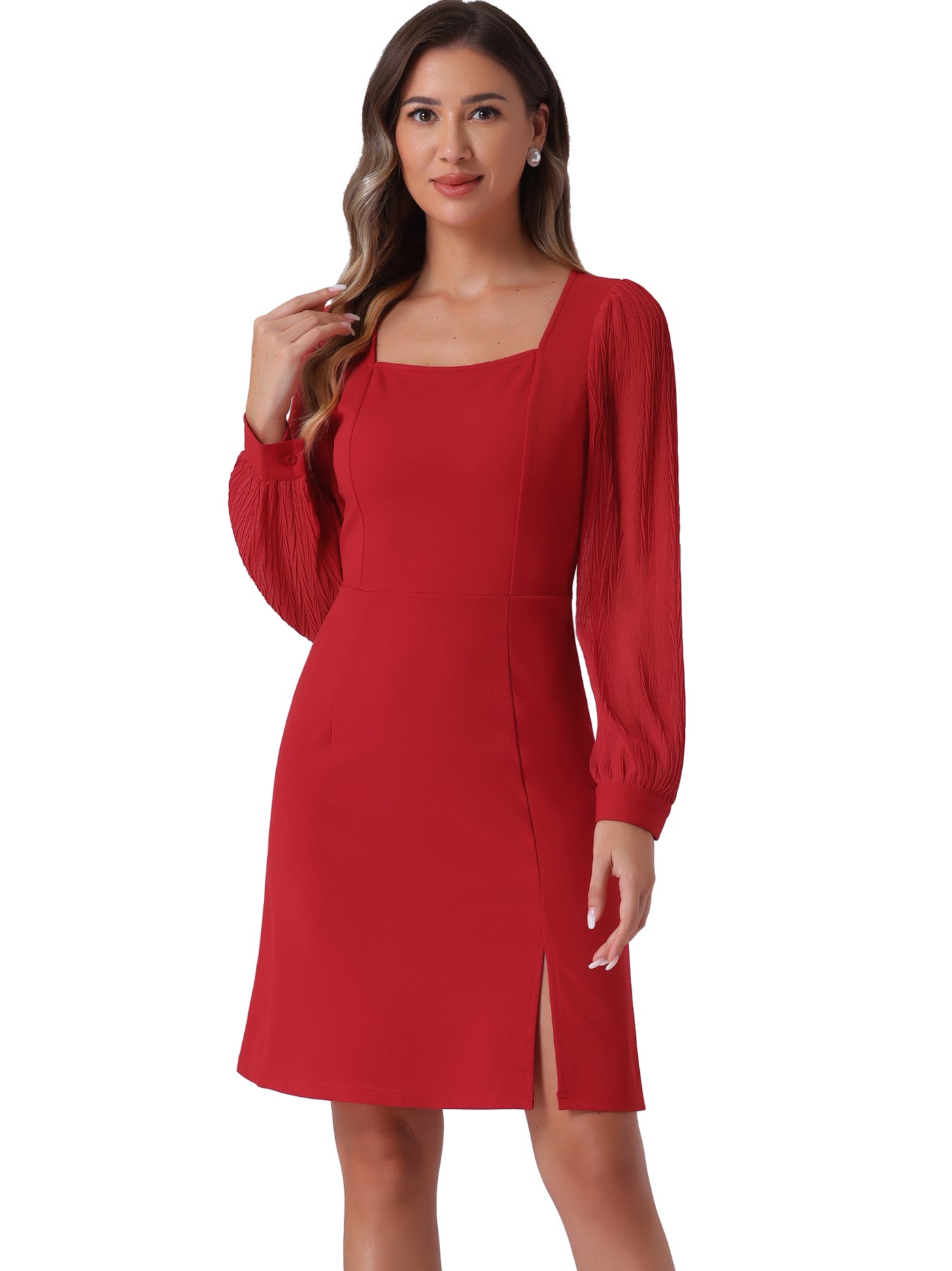 Allegra K Elegant Mesh Sleeve Split Side A-Line Casual Square Neck Dress