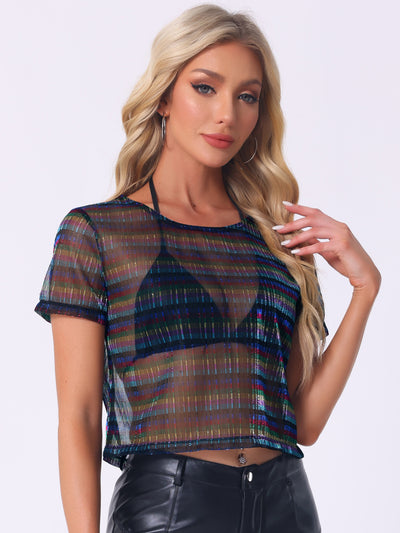 Mesh Short Sleeve Mesh Metallic Party See Through Crop Shirt