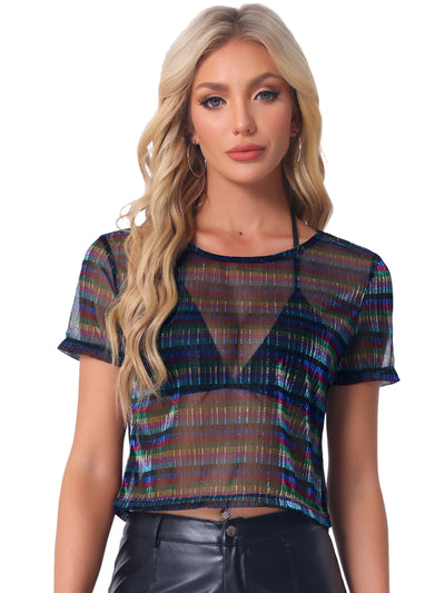 Mesh Short Sleeve Mesh Metallic Party See Through Crop Shirt