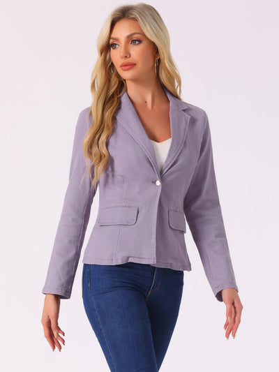 Notched Lapel One Button Long Sleeve Business Washed Denim Blazer