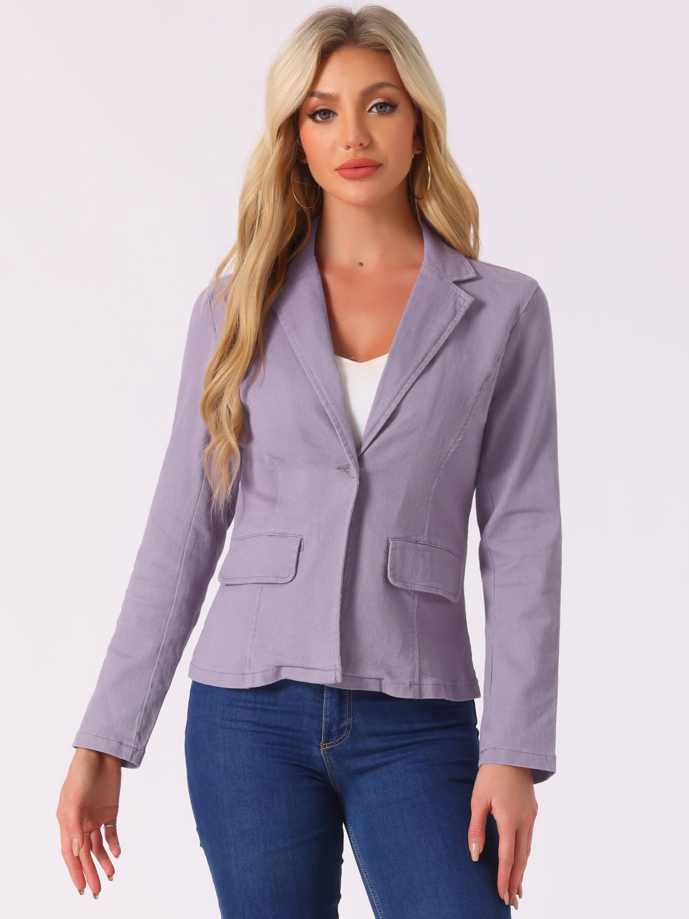 Allegra K Notched Lapel One Button Long Sleeve Business Washed Denim Blazer