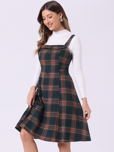 Plaid Vintage Sleeveless Tie Waist A-Line Overall Pinafore Dress