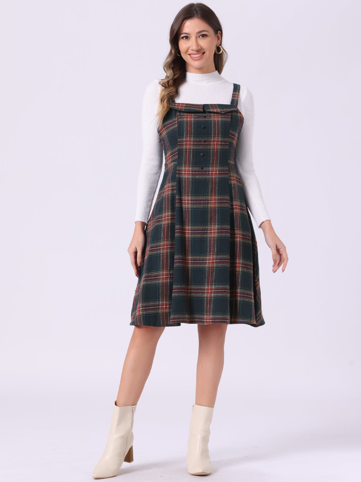 Allegra K Plaid Vintage Sleeveless Tie Waist A-Line Overall Pinafore Dress