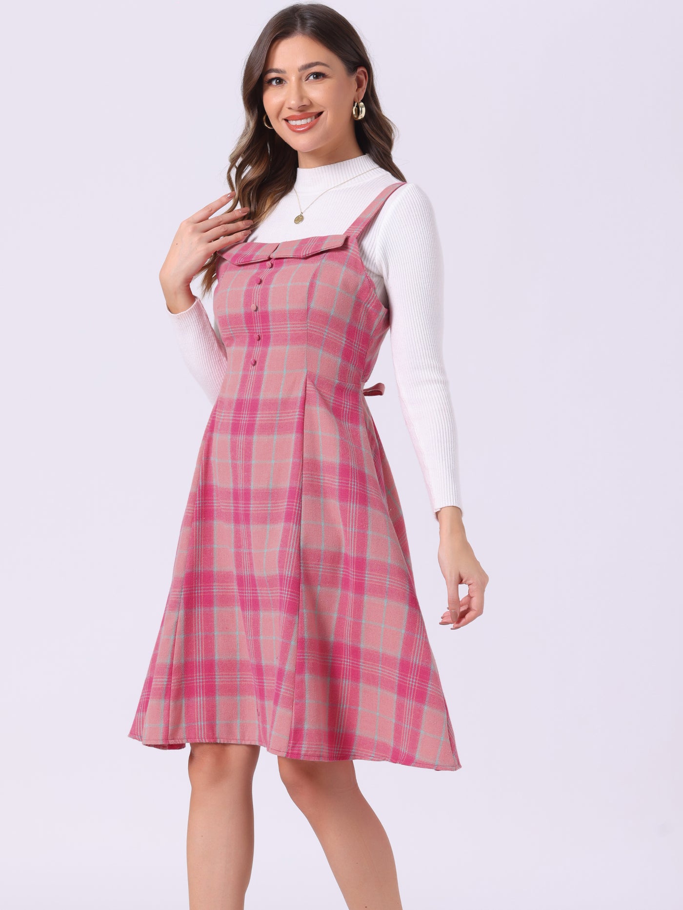 Allegra K Plaid Vintage Sleeveless Tie Waist A-Line Overall Pinafore Dress