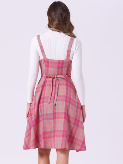 Plaid Vintage Sleeveless Tie Waist A-Line Overall Pinafore Dress