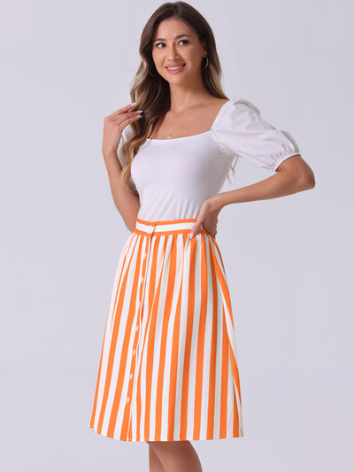 Striped Button Front Elastic Back Waist A-Line Midi Skirt