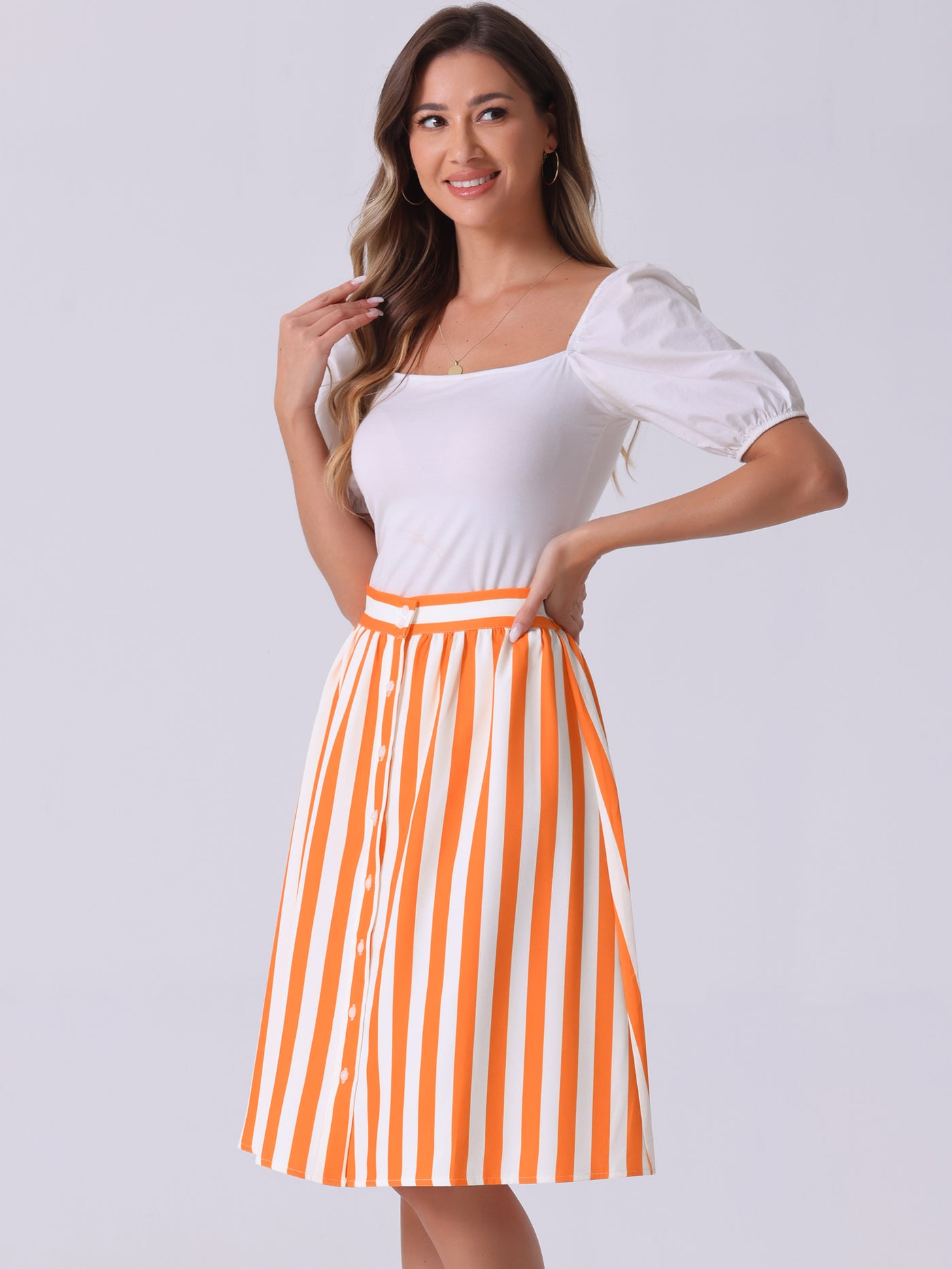 Allegra K Striped Button Front Elastic Back Waist A-Line Midi Skirt