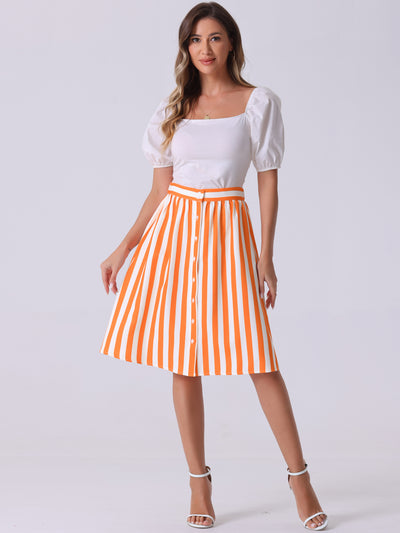 Striped Button Front Elastic Back Waist A-Line Midi Skirt