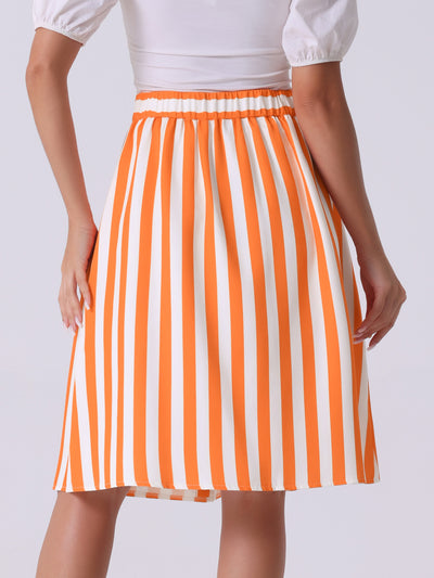 Striped Button Front Elastic Back Waist A-Line Midi Skirt