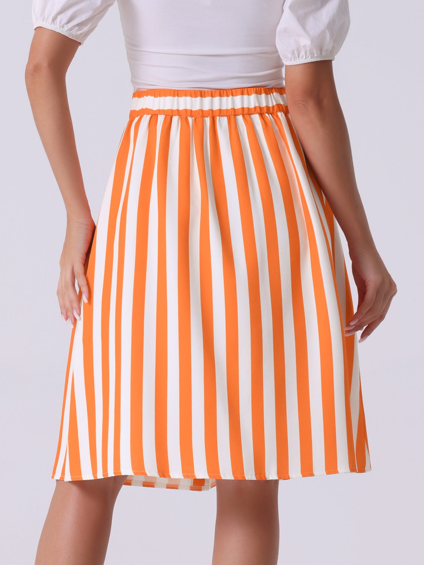 Allegra K Striped Button Front Elastic Back Waist A-Line Midi Skirt