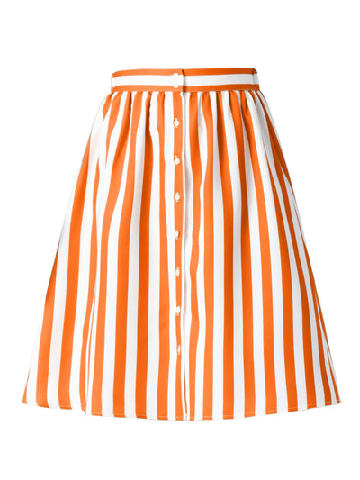 Striped Button Front Elastic Back Waist A-Line Midi Skirt