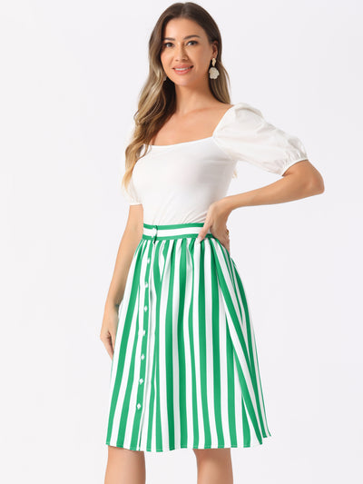 Striped Button Front Elastic Back Waist A-Line Midi Skirt