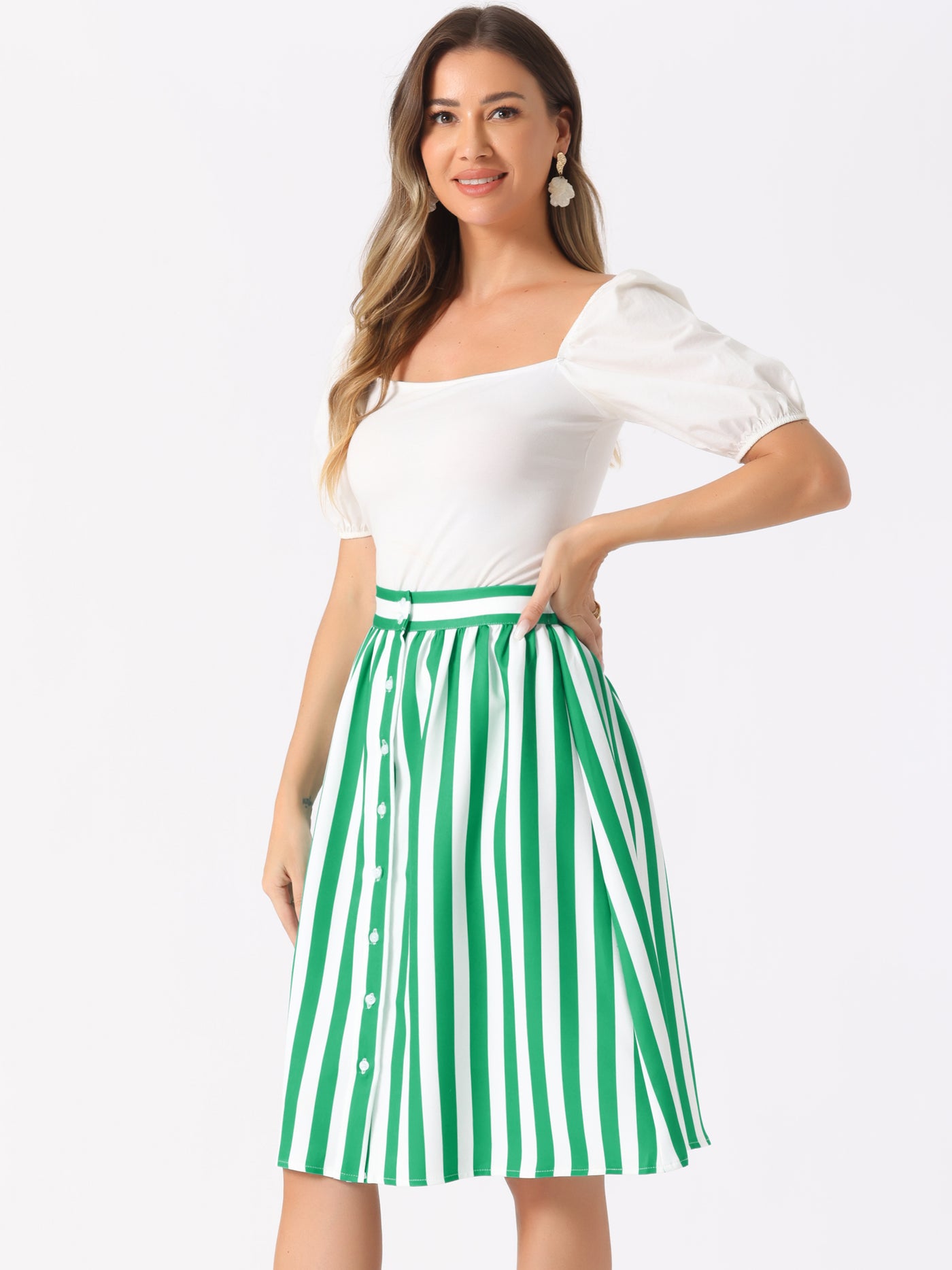 Allegra K Striped Button Front Elastic Back Waist A-Line Midi Skirt