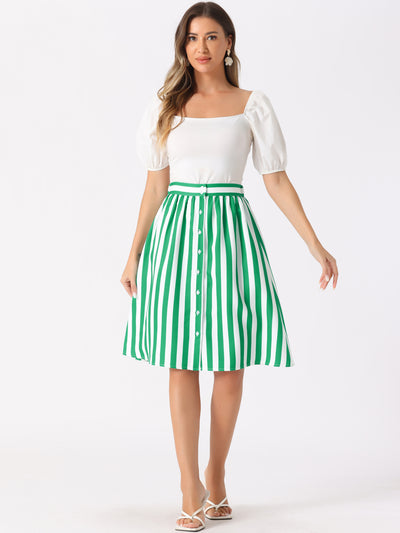 Striped Button Front Elastic Back Waist A-Line Midi Skirt