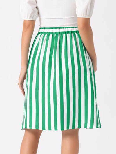 Striped Button Front Elastic Back Waist A-Line Midi Skirt