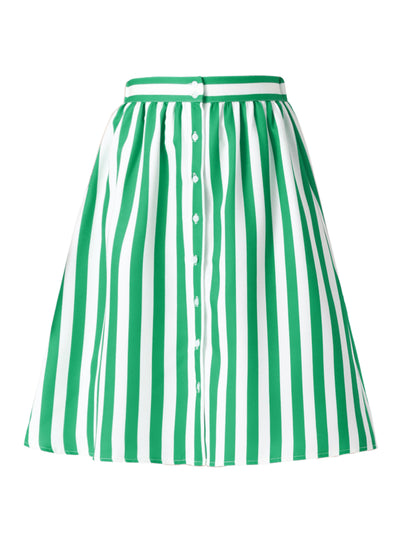 Striped Button Front Elastic Back Waist A-Line Midi Skirt